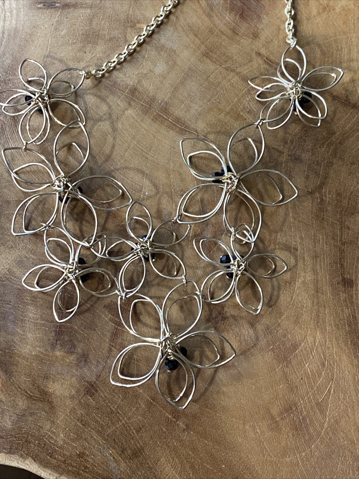 Delicate STATEMENT NECKLACE Gold Wire Flower & Black Rhinestone Beaded