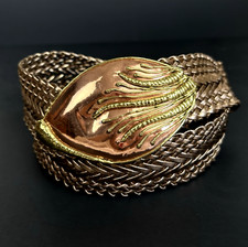 Vtg Belt Womens L 33/34 Artisan Copper Leaf Buckle Faux Leather Woven Chunky