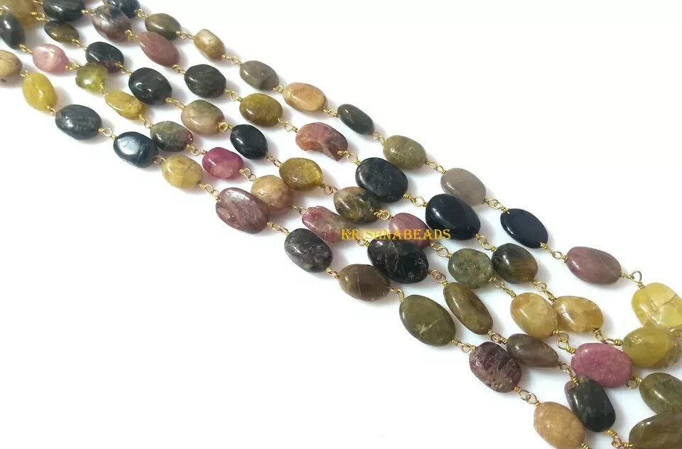 Cadena Natural Multi Turmalina Ovalada 6x9mm Rosario Cuentas Chapada en Oro 3 Pies Foto 2 de 4