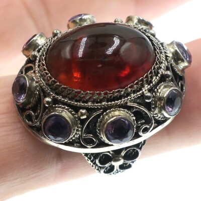 Großer alter chinesischer handgefertigter Sterlingsilber Bernstein Amethyst Ring Größe 6,75