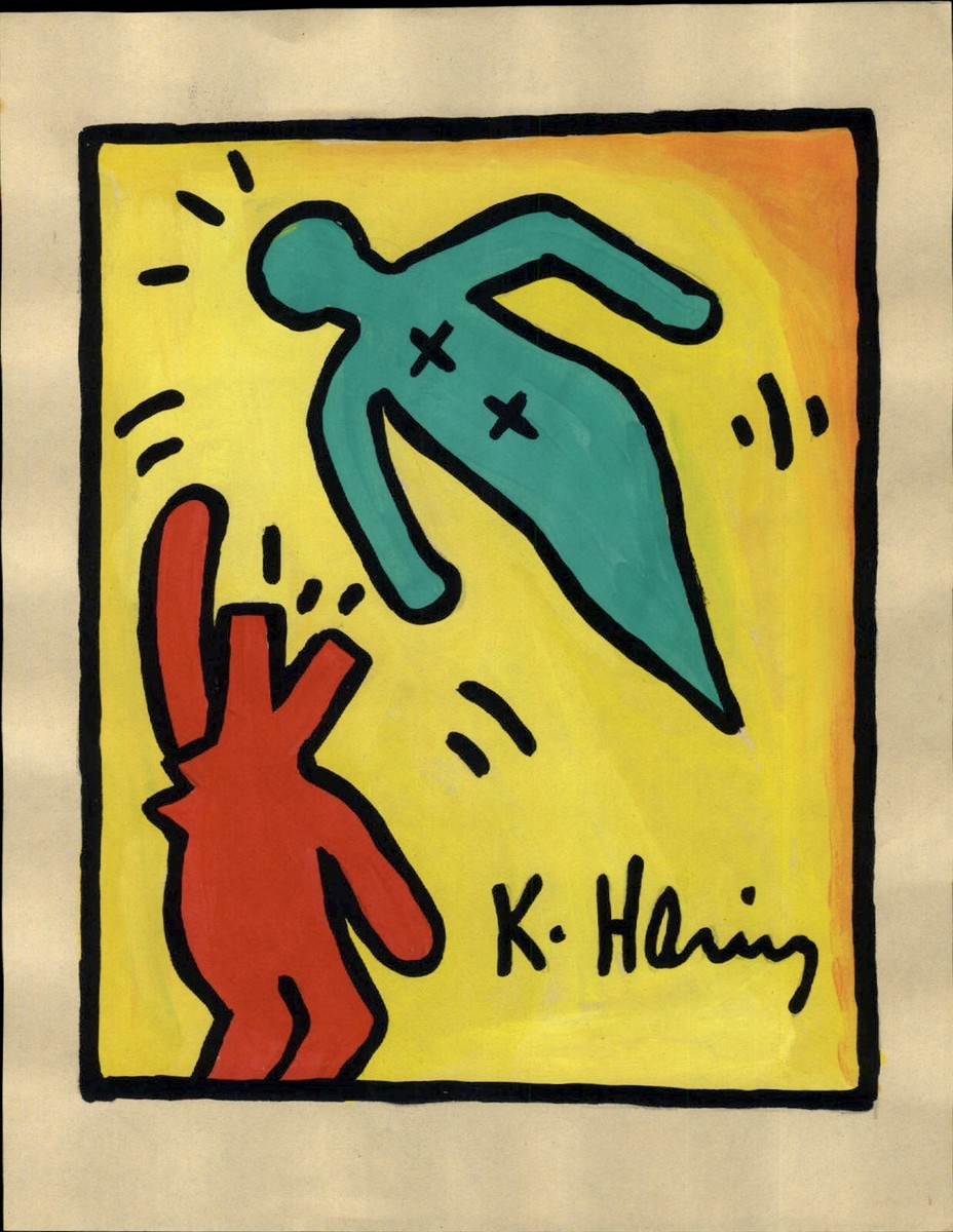 Hand PAINTED COLOR On Paper Keith Haring Red Dog Barking Flying