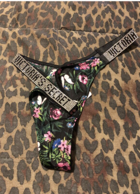 VICTORIA S SECRET Black Floral Shine Rhinestone Logo Thong Panty NWT XS orS or M