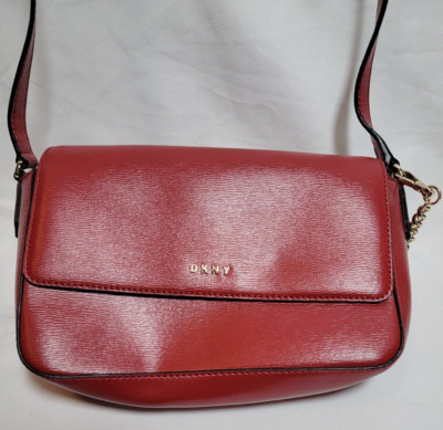 DKNY Sutton Leather Bryant Medium Flap Crossbody Red Gold - Valentines Day Gift