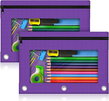 Pencil Pouch for 3 Ring Binder, 2 Pack Pencil Bags with Zipper, Purple Pencil Ca