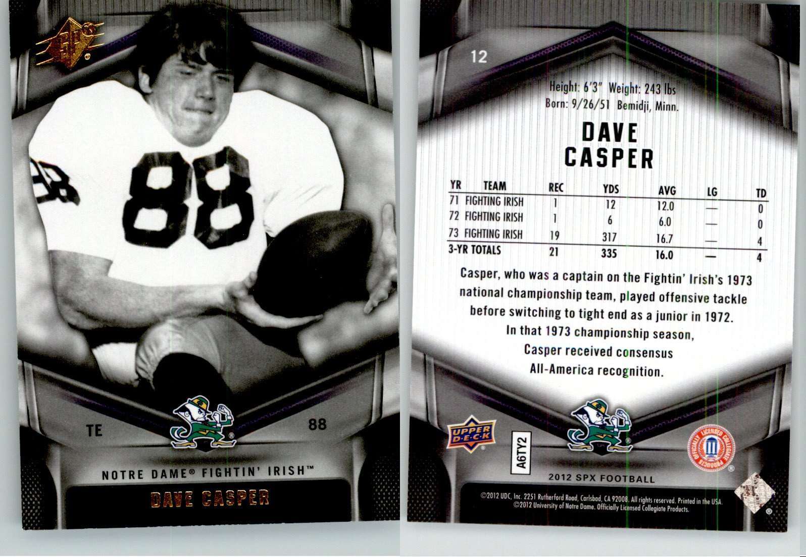 Dave Casper 2012 SPx Football #12 Notre Dame Fightin’ Irish | eBay