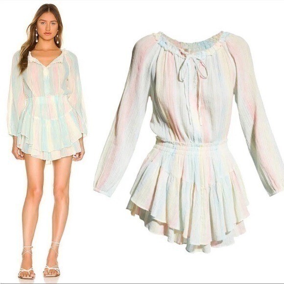 Loveshackfancy Banou Ruffle Tiered Rainbow Mini Dress Multi Horizon NWT image 2