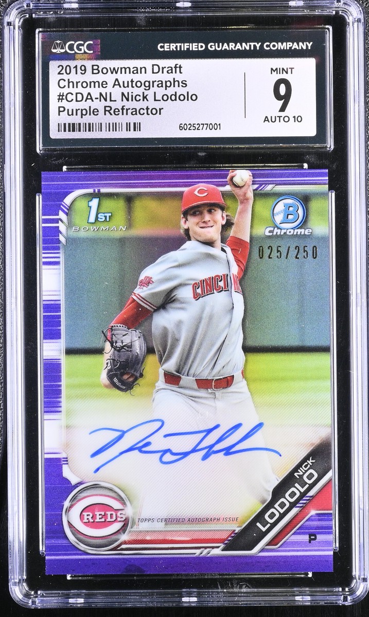 2019 1st Bowman Chrome Nick Lodolo Purple refractor Auto 25 2019 1st Bowman Chrome Nick Lodolo Purple refractor Auto 25