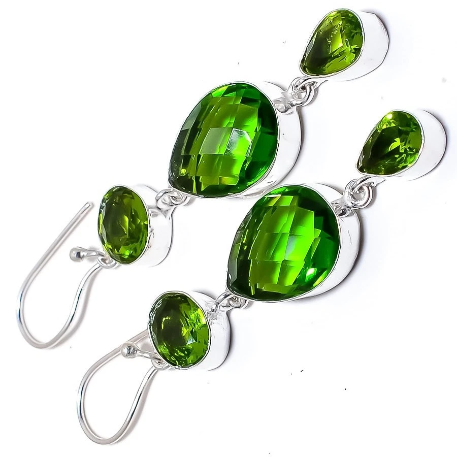 Green Peridot Earring, Handmade Gemstone 925 Sterling Silver Earring'' - Image 2 of 2