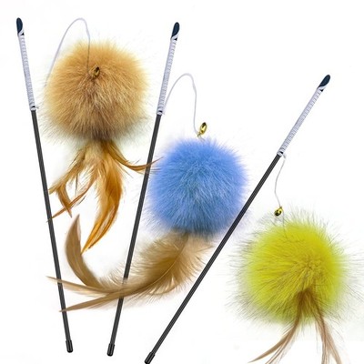 3 PCS Cat Toys Rainbow Wand Feather Flips Plush Ball Interactive Kitten Teaser