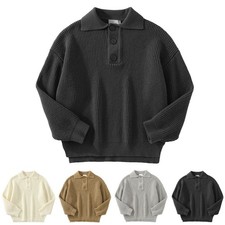 Men's Lapel Knit Pullover Winter Casual Sweater Solid Color Black White
