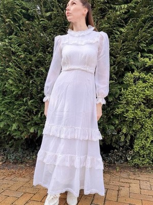 Vintage 70er Jahre Prärie Kleid Rüschen Maxi Langarm Fairycore Landhaus weiß S 6