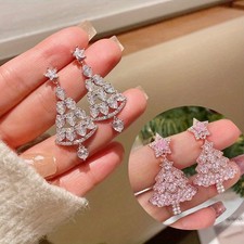 2 Pairs Shining Luxury Zircon Pink Christmas Tree Dangle Earrings for Women Gift
