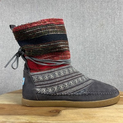 TOMS Nepal Aztec Boots Womens 8 Gray Suede Fair Isle Lined Knit Bootie