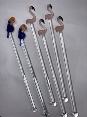 Set Of Six Glass Frosted Flamingos & Toucans Barware Swizzle Sticks 8 l x 1 w