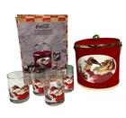 Coca Cola Christmas Drinkware Set Ice Bucket & 4  Tumbler Set Vintage Santa-S2