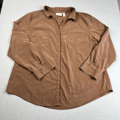 Chicos Button Down Shirt XL (3) Brown Long Sleeve Roll Tab Workwear Utility Top