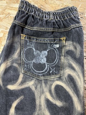 Y2K Hand Painted Tribal Gothic Jeans 42 Relaxed Fit Skateboard