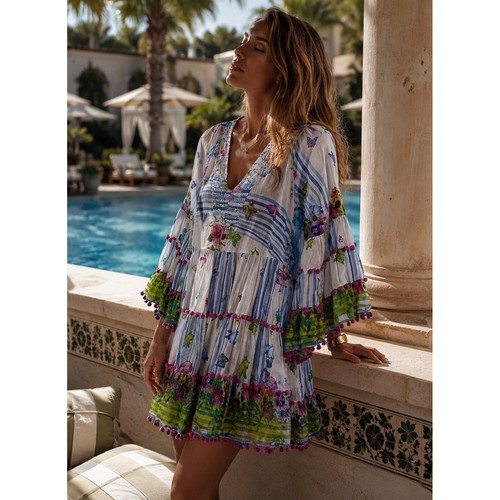 Antica Sartoria Giacomo Cinque Tunic Dress BEADED Floral OS Cotton RESORT POOL