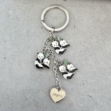 Hong Kong Panda Bear Keychain 3 Panda Bears Charm Silver Metal Enamel Keychain