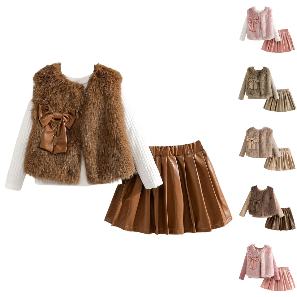 Gonna plissettata bambina gilet baby shower con top battesimo 3 pezzi fiocco pelliccia sintetica - Immagine 2 di 3