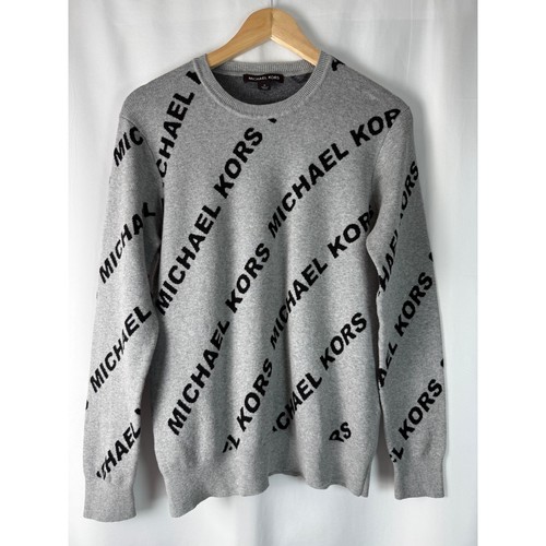 Michael Kors Sweater Mens Medium Gray Black Logo Print Long Sleeve Cotton