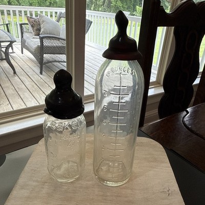 Vintage Glass Baby Bottles With Old Rubber Nipples Lot Baker s Ready 4oz 8oz