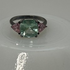 AVON Sterling 925 URANIUM Glass Ring Green Spinel  Pink Cubic Zirc SZ 6 Vintage