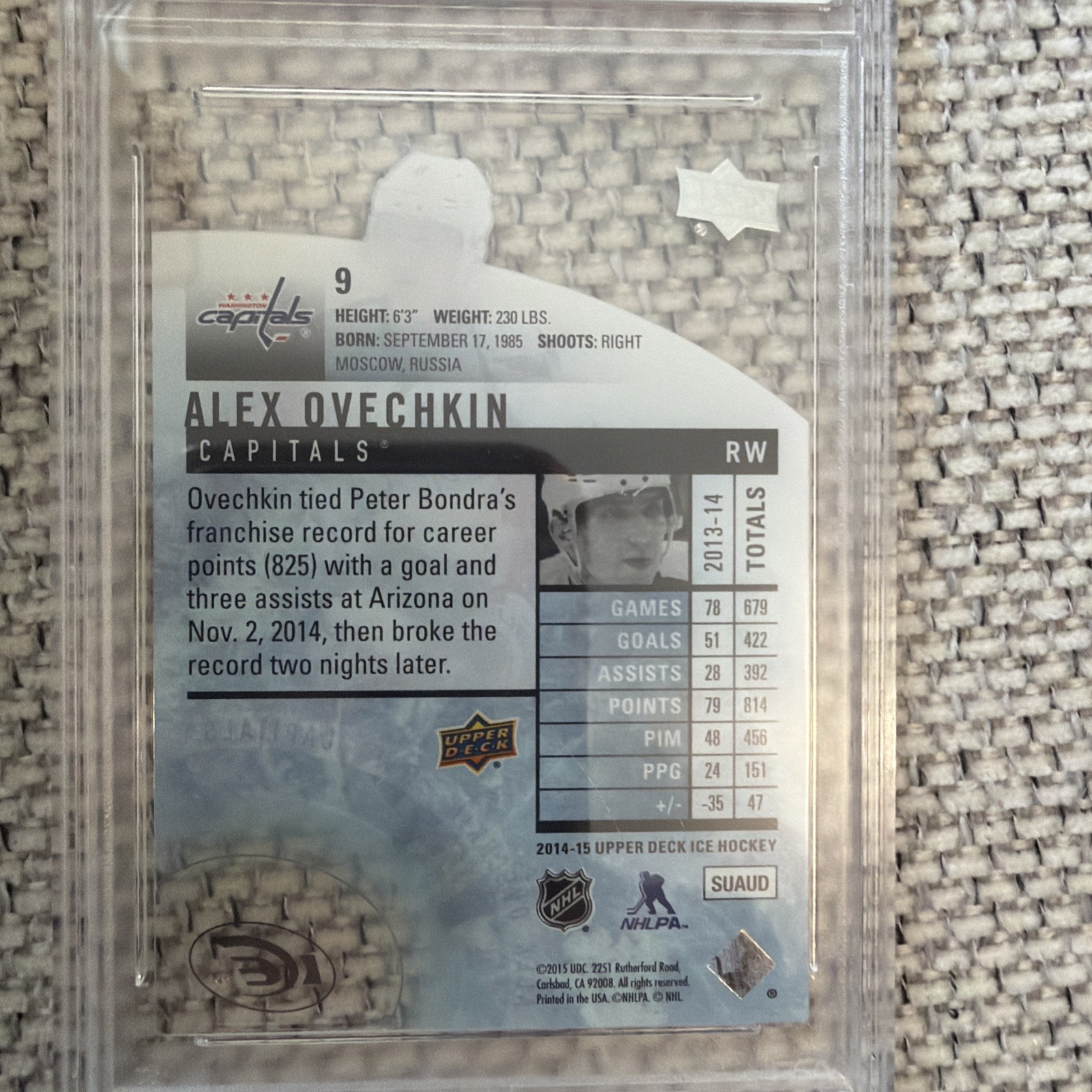 2014-15 Upper Deck Ice Alex Ovechkin #9 Capitals PSA 10 Gem-MT view 2