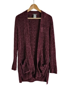 Matty M  Burgundy Open Front Chenille Cardigan Sweater Two Pockets Sz M