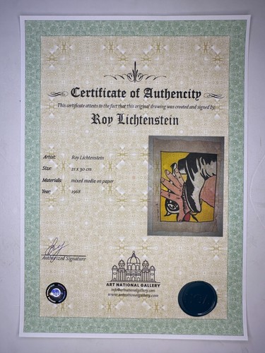 ROY LICHTENSTEIN COA art painting original drawing vintage paper signed stamped - Picture 3 of 3