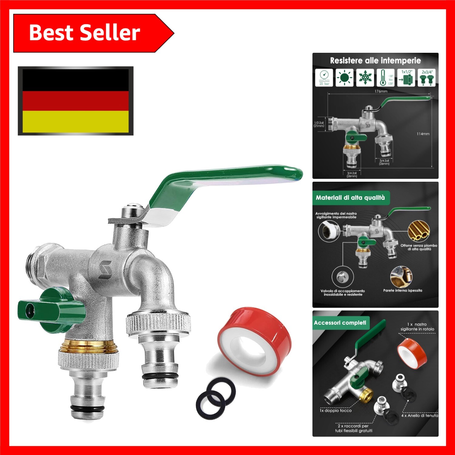 Robuster Garten Wasserhahn mit zwei Ausläufen - Messing und frostbeständig