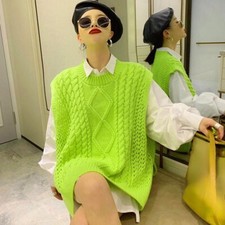 Women Knitted Waistcoat Ribbed Gilet Tank Sleeveless Sweater JK Vest Preppy