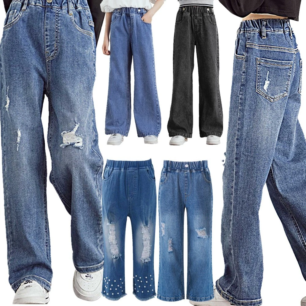 Pantalon en jean fille trous denim baggy pantalon enfants jeans style d contract