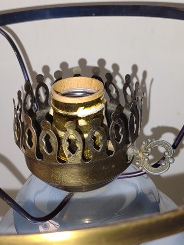 Vintage Blue Floral Glass Hurricane Brass Lamp Electric BASE and Crown ONLY 14" - Picture 10 of 18