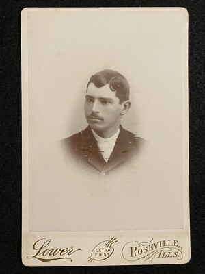 Roseville Illinois IL Young Man With Mustache Warren Co. Antique Cabinet Photo