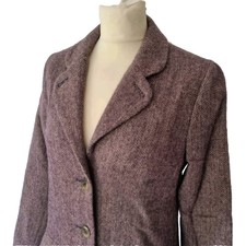 Brora Herringbone Hacking Jacket Size 10 Tweed Wool Button Up Bird Lining