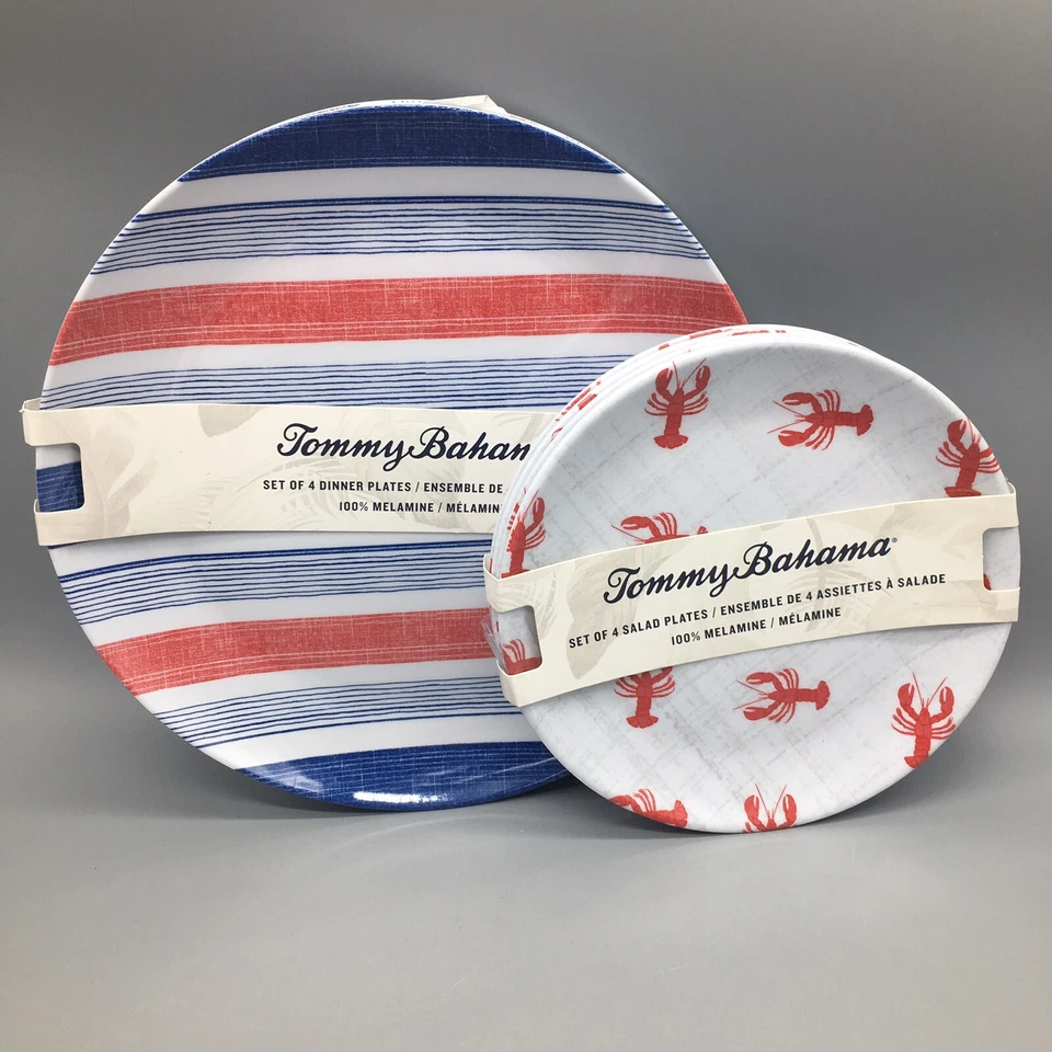Conjunto de tigela de jantar 12 peças Tommy Bahama lagosta vermelha melamina prato salada listra azul - Imagem 3 de 4