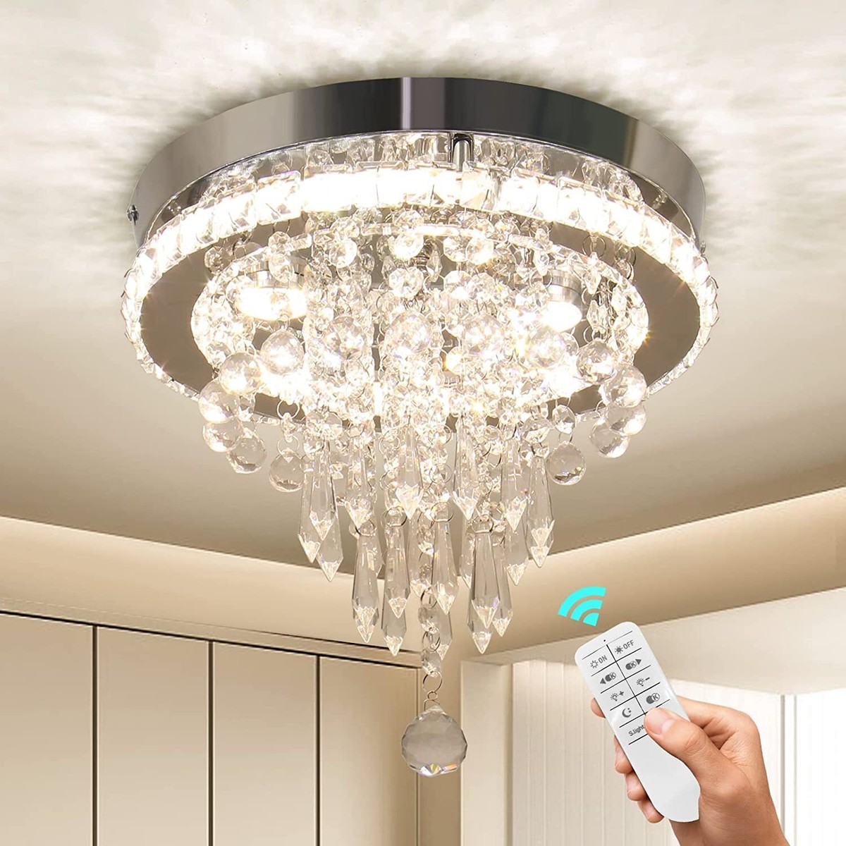 Small Crystal Ceiling Light with Remote Dimmable LED Chandelier for Hallway