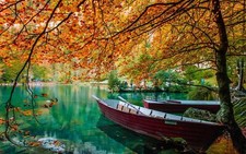 Landscape nature lake trees boat leaves fall green Custom Gaming Mat Desk