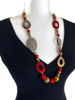 Tagua Necklace in Gray, Red, Brown TAG677 Tagua Nut Jewelry, Handmade Necklace