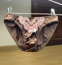 Vintage Shiny Brown Slippery Nylon Panty Sz.5 Pink Floral Lace Hi Cut Briefs