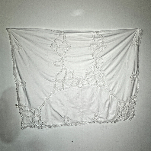 52” X 70” Hand Made Tablecloth White on White Stitching Scalloped Edges Crochet