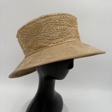 Whittall Shon Womens Hat Beige Fancy Party Brim High Crown Suede Beaded VTG