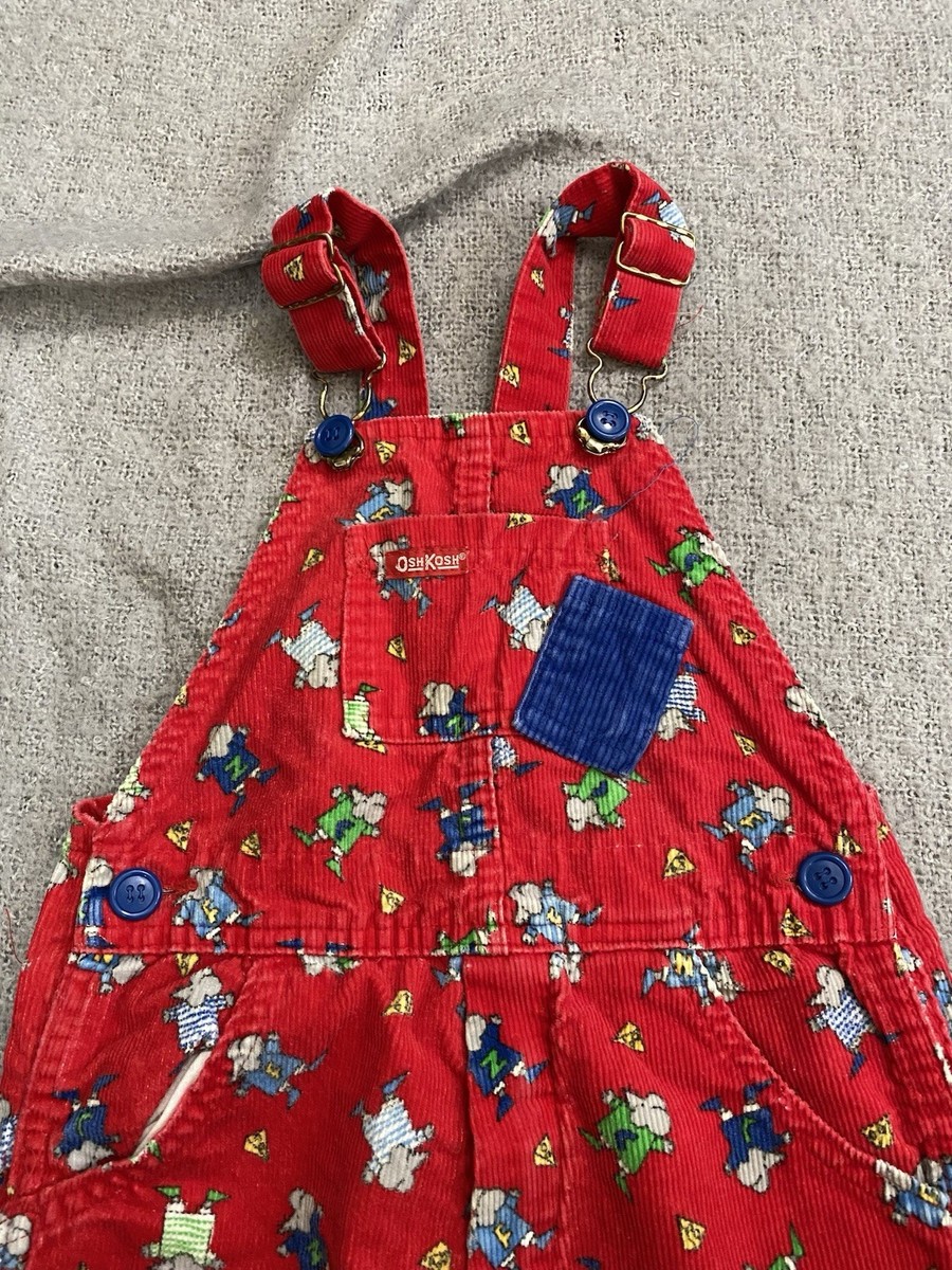 Vintage OshKosh B'gosh Red Corduroy Overalls Mouse & Cheese Design