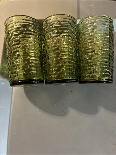 Anchor Hocking SORENO Avocado Green Glass Bark 5-1/8" tall TUMBLERS, 14oz, VTG