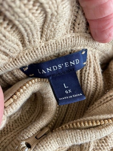 VTG Lands End Y2K Cable Knit Zip Hoodie Sweater 6X Tan 90’s - Picture 3 of 4