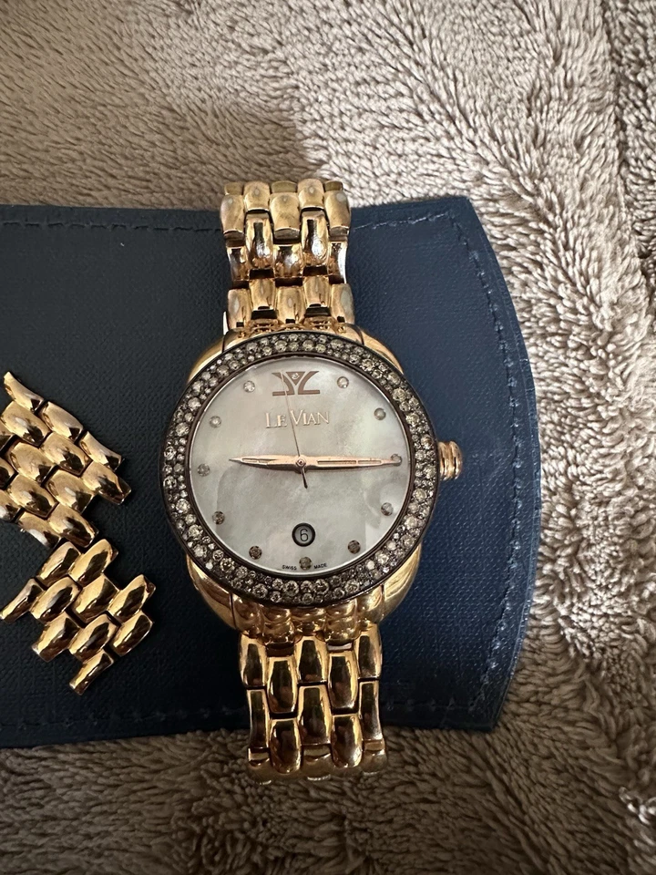 LE VIAN CHOCOLATE DIAMONDS MOP DIAL ROSE GOLD /SILVER SWISS WATCH LVM115 - Image 3 of 4