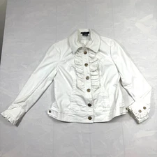 Etcetera Jacket Women's 8 White Ruffle Detail Long Sleeve Collared Button Up