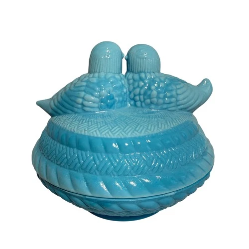 Vintage Hsinchu Blue Milk Glass Lovebirds on Nest Covered Dish Candy