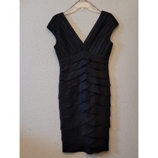 Adrianna Papell Black V-Neck Tiered Midi Dress with Cap Sleeves